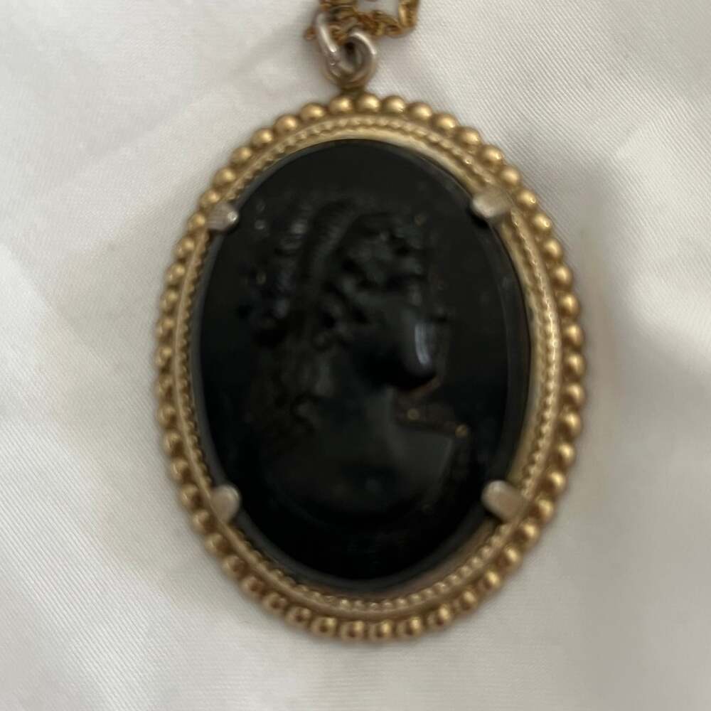 Vintage Intaglio Black Glass Cameo Necklace with Locket and Chain